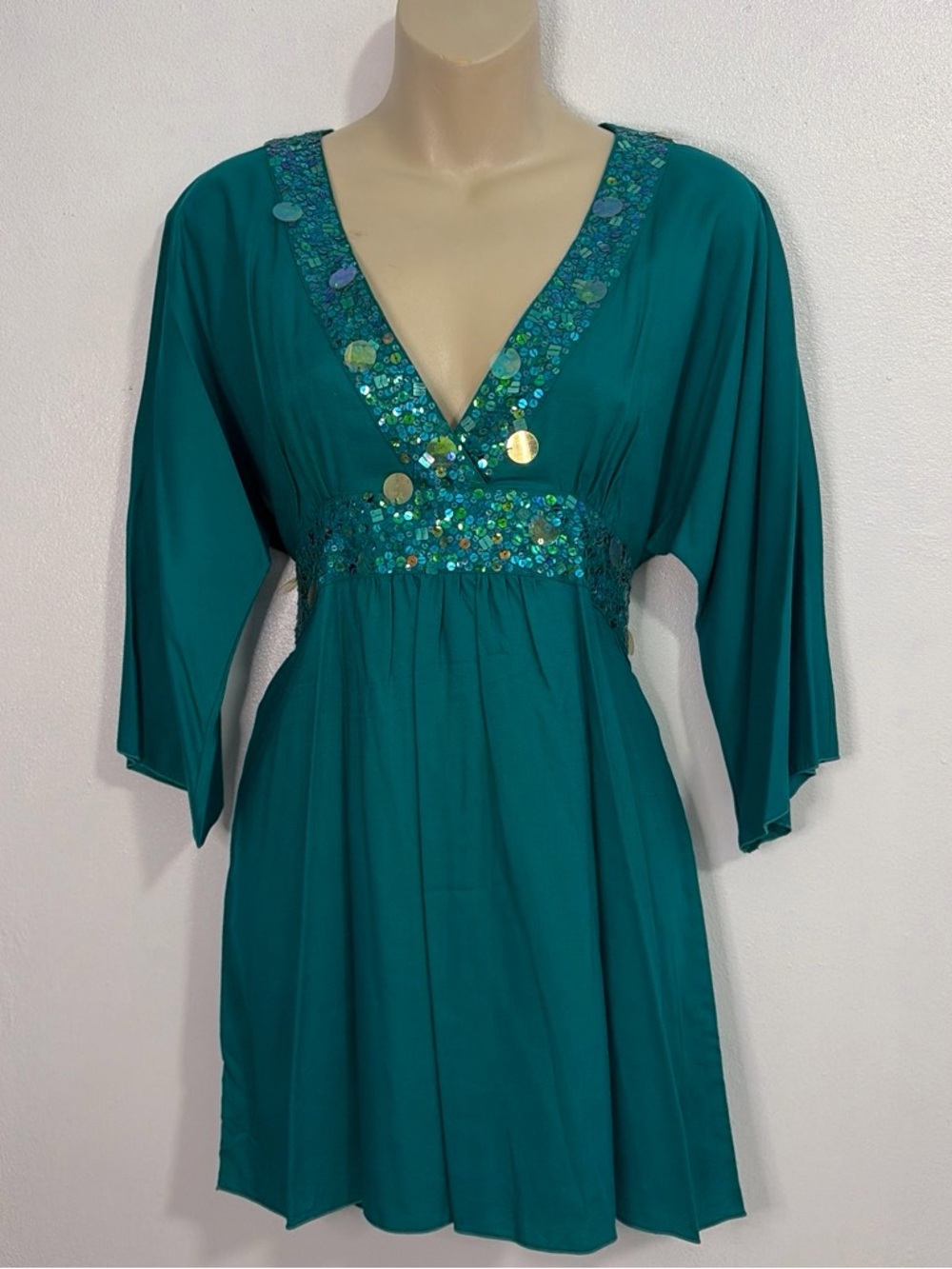 Teal Sequin Mini Dress Batwing Sleeve V Neck Tie Waist Size S Usindo